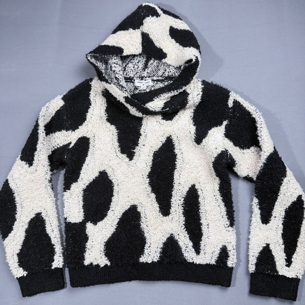 Sandy Liang XS Cow Print Fuzzy Knit Pullover Hoodie Sweater Womenswear